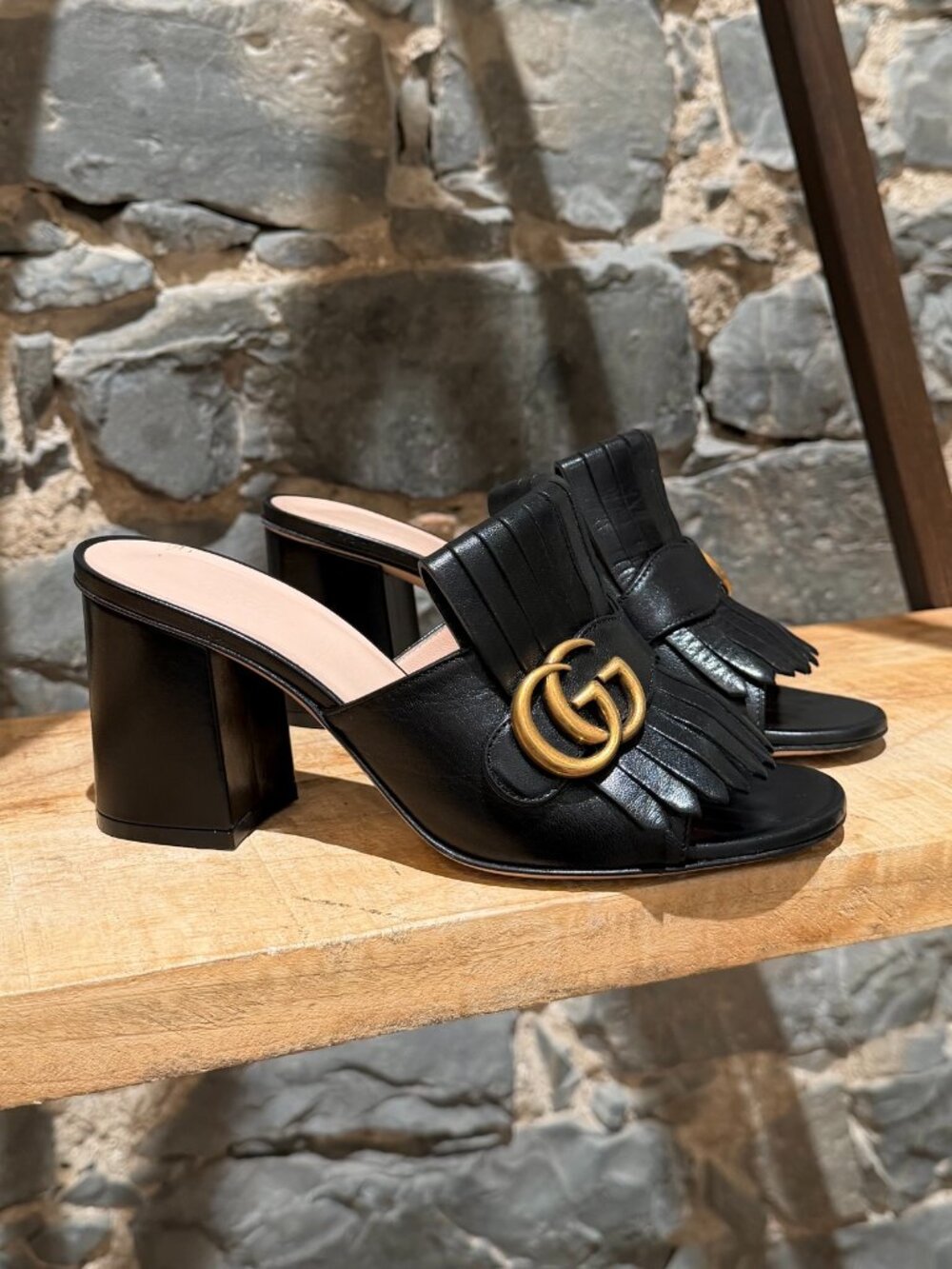 Gucci Black Leather Marmont GG Fringe Heeled Mules